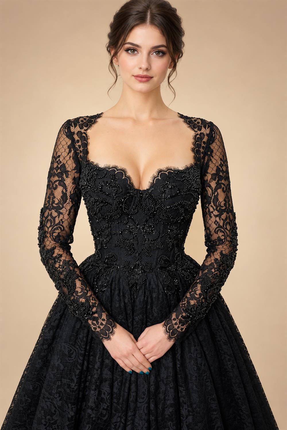 Black Luxury Gothic Wedding Dress Heavy Beaded Lace Ball Gown  ZP197