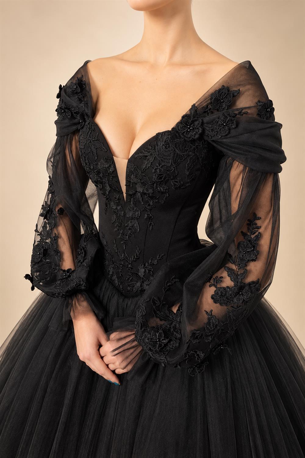 Black Luxury Gothic Wedding Dress 3D Floral Corset Tulle Ball Gown With Train  ZP201