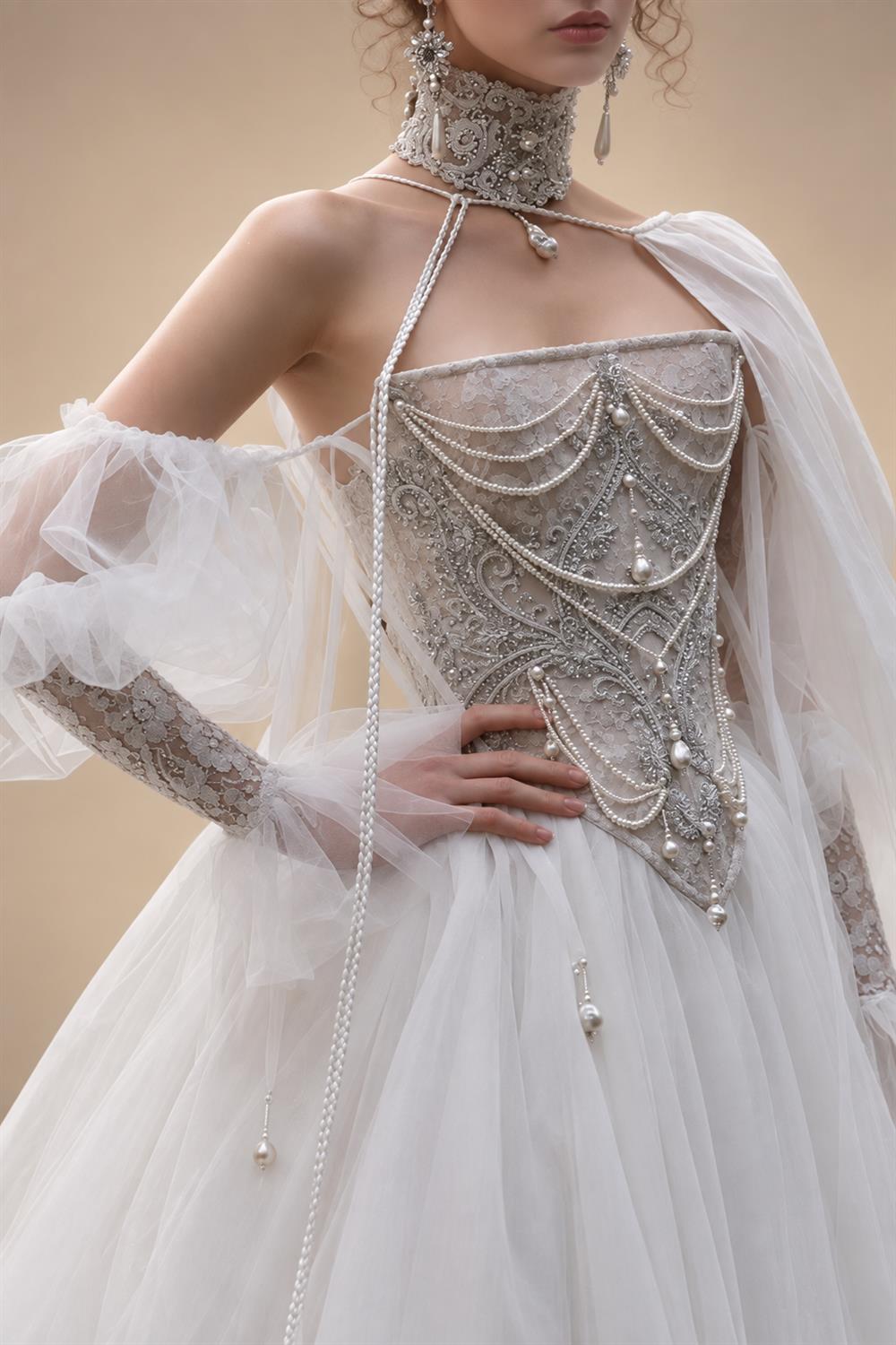 White Draped Pearl Tulle Ball Gown Bridal Dress with Puff Sleeves ZP205