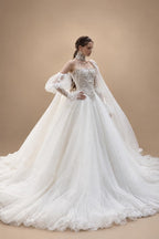 White Draped Pearl Tulle Ball Gown Bridal Dress with Puff Sleeves ZP205