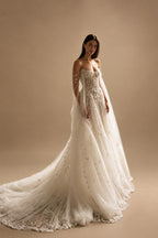 White Sparkly Beaded Corset Tulle Wedding Gown with Long Train ZP206