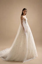 White Sparkly Beaded Corset Tulle Wedding Gown with Long Train ZP206