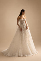 White Sparkly Beaded Corset Tulle Wedding Gown with Long Train ZP206