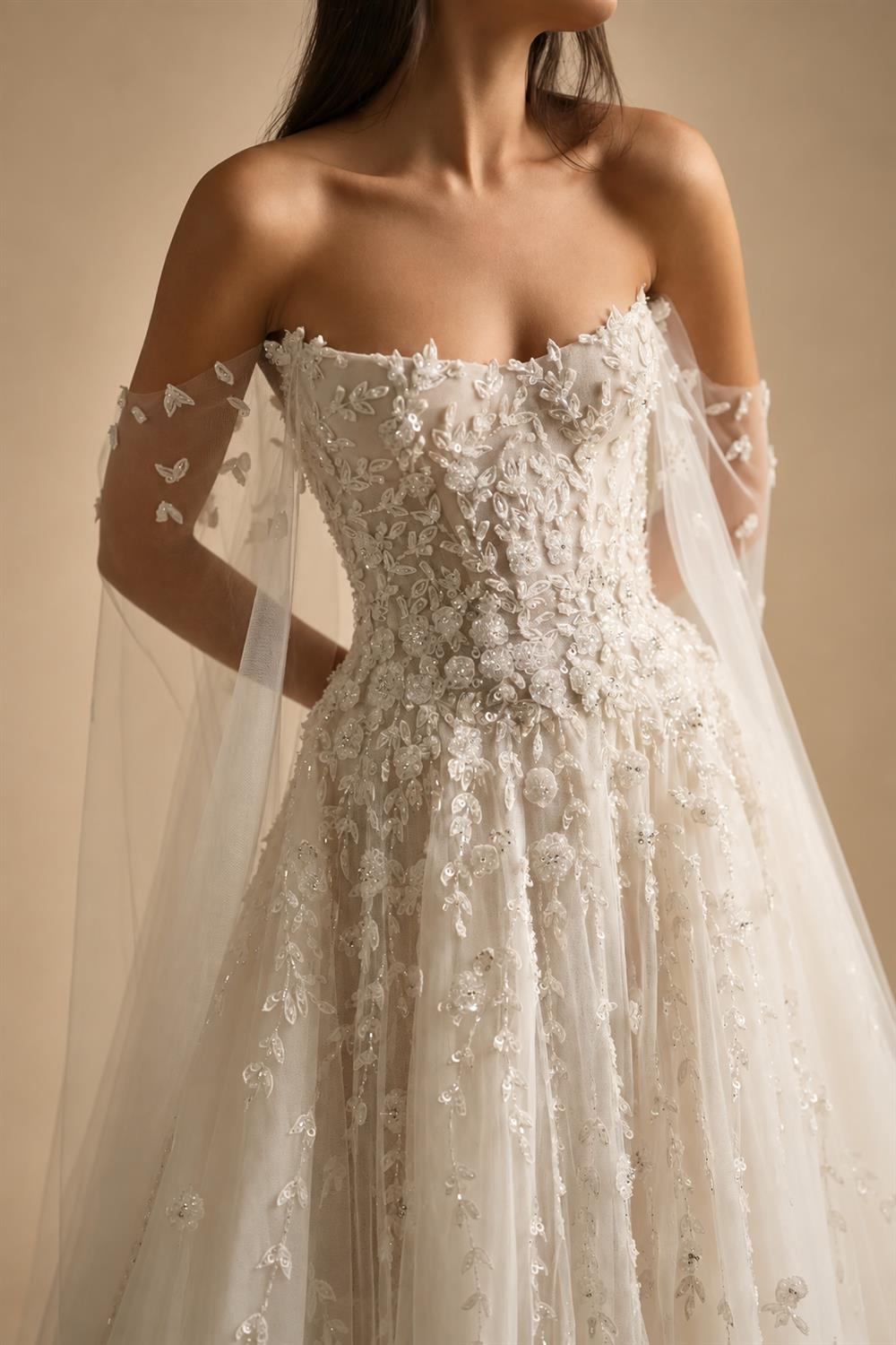 White Sparkly Beaded Corset Tulle Wedding Gown with Long Train ZP206