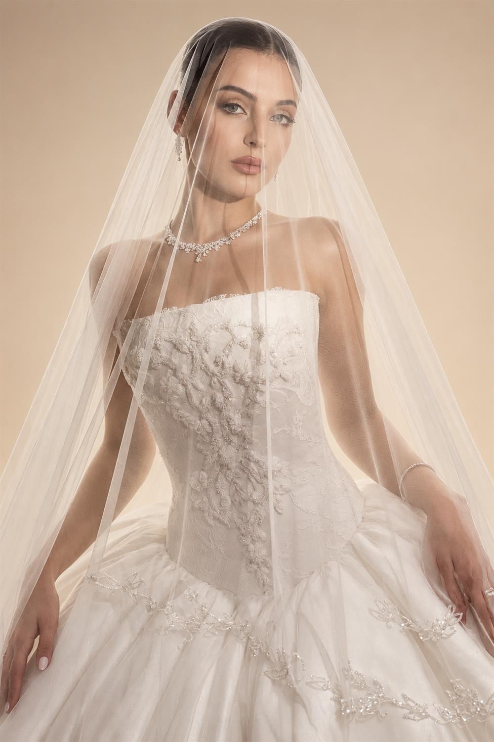 White Satin Tulle Ball Gown Bridal Dress with Embroidered Lace Bodice ZP207