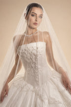 White Satin Tulle Ball Gown Bridal Dress with Embroidered Lace Bodice ZP207