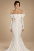White Long Sleeve Corset Mermaid Bridal Gown with Cathedral Train ZP209