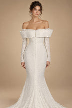 White Long Sleeve Corset Mermaid Bridal Gown with Cathedral Train ZP209
