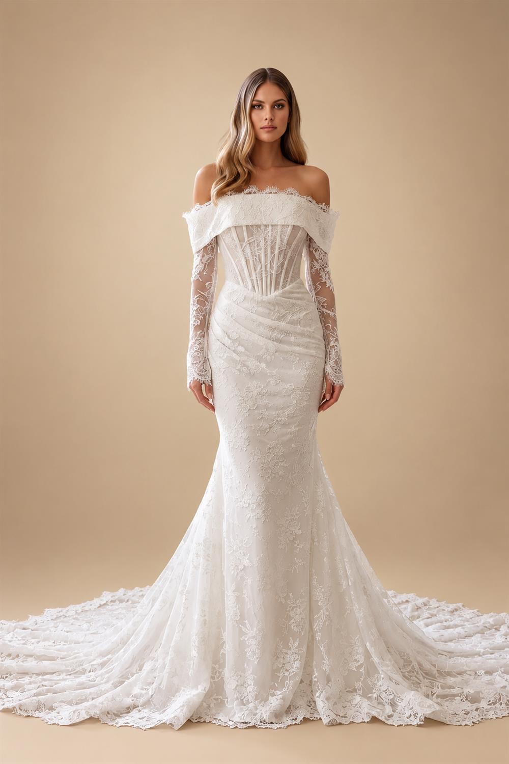 White Long Sleeve Corset Mermaid Bridal Gown with Cathedral Train ZP209
