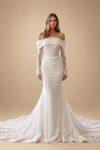 White Long Sleeve Corset Mermaid Bridal Gown with Cathedral Train ZP209