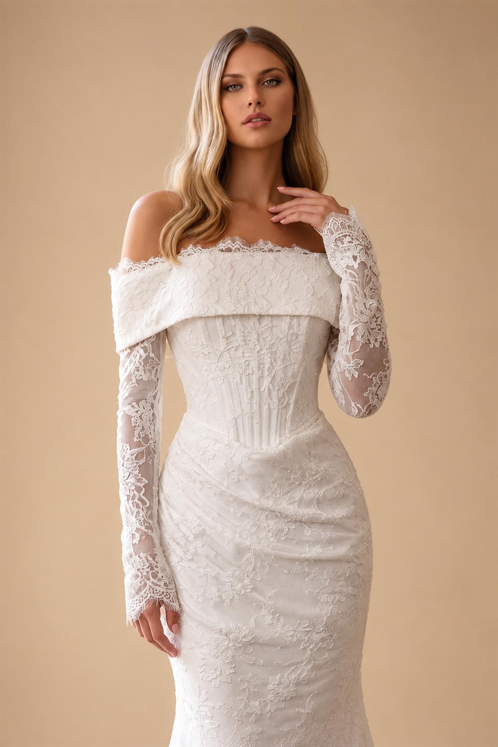 White Long Sleeve Corset Mermaid Bridal Gown with Cathedral Train ZP209