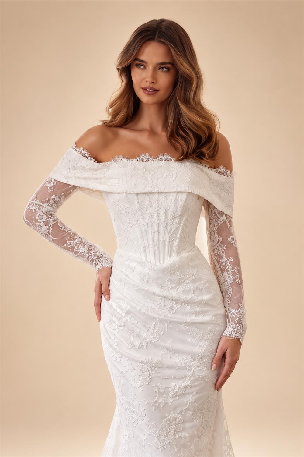 White Long Sleeve Corset Mermaid Bridal Gown with Cathedral Train ZP209
