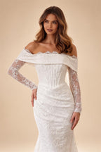 White Long Sleeve Corset Mermaid Bridal Gown with Cathedral Train ZP209