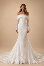 White Long Sleeve Corset Mermaid Bridal Gown with Cathedral Train ZP209