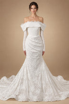 White Long Sleeve Corset Mermaid Bridal Gown with Cathedral Train ZP209