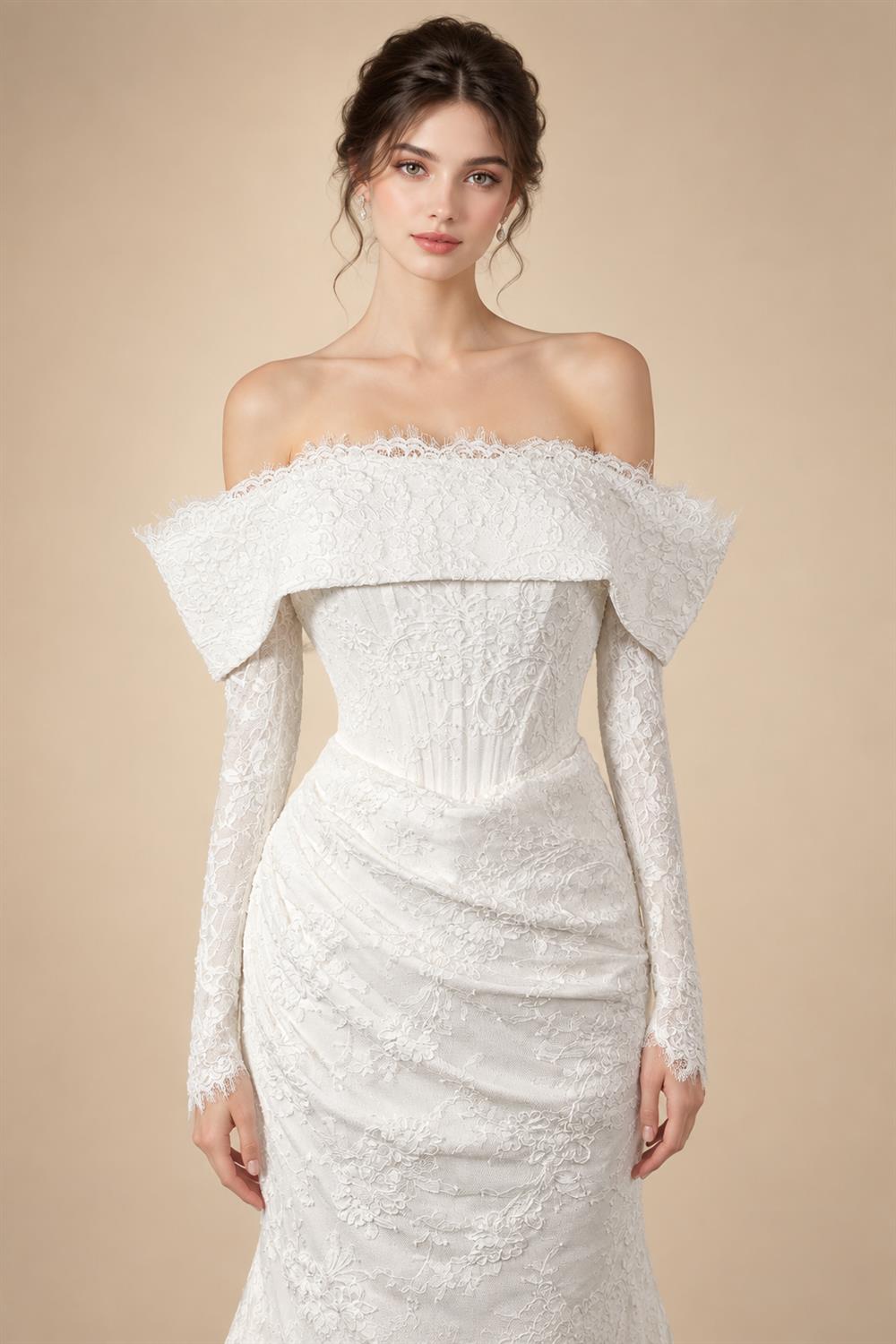White Long Sleeve Corset Mermaid Bridal Gown with Cathedral Train ZP209