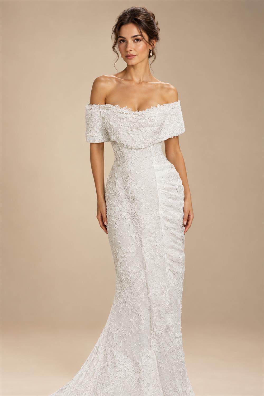 White Long Sleeve Corset Mermaid Bridal Gown with Cathedral Train ZP209