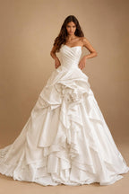 White Ruched Bodice Tiered Voluminous Satin Bridal Gown ZP210
