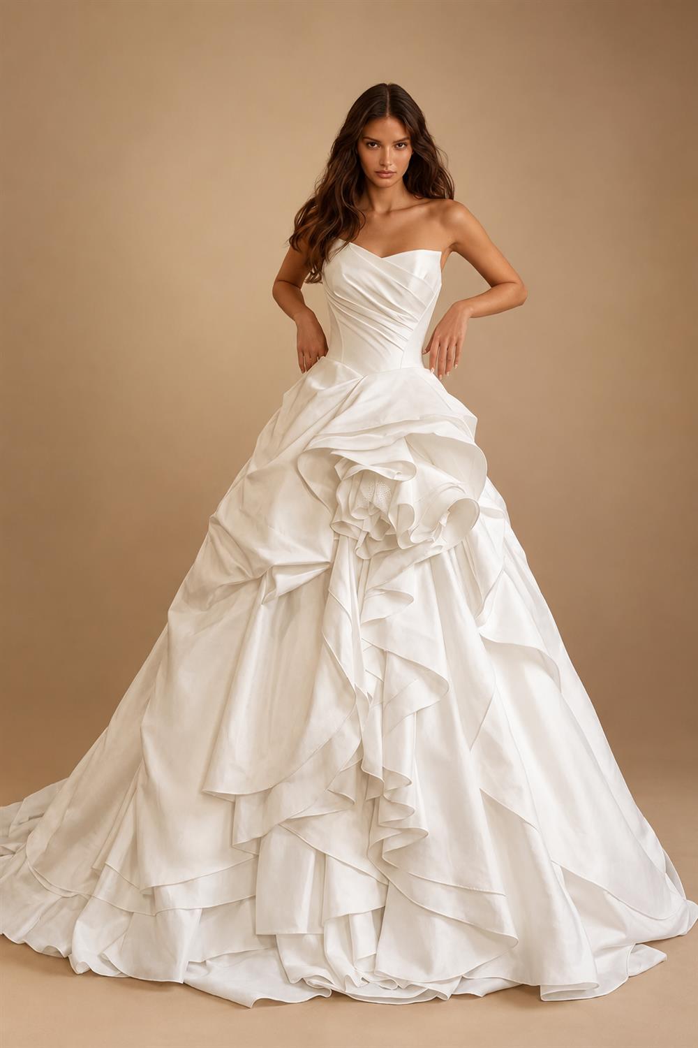 White Ruched Bodice Tiered Voluminous Satin Bridal Gown ZP210