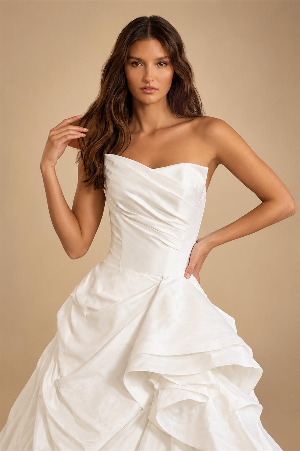 White Ruched Bodice Tiered Voluminous Satin Bridal Gown ZP210