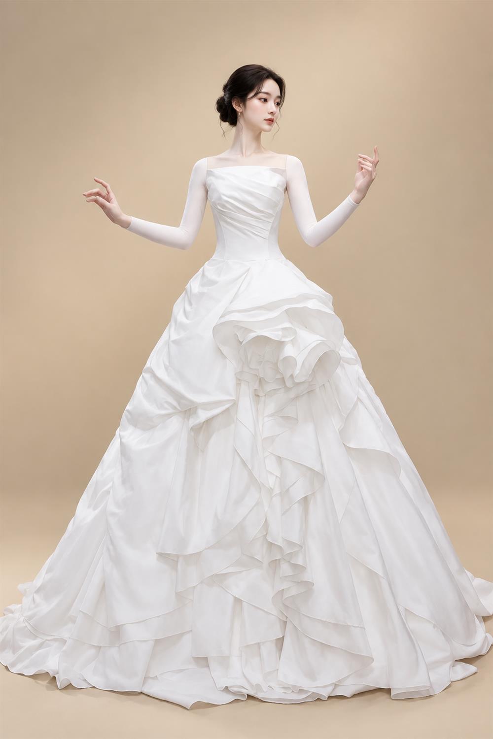 White Ruched Bodice Tiered Voluminous Satin Bridal Gown ZP210