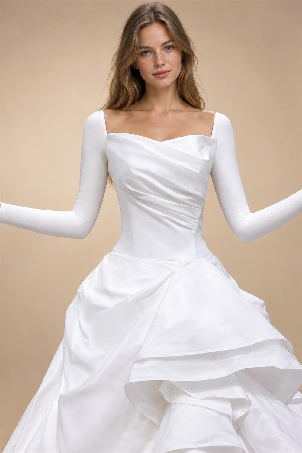 White Ruched Bodice Tiered Voluminous Satin Bridal Gown ZP210