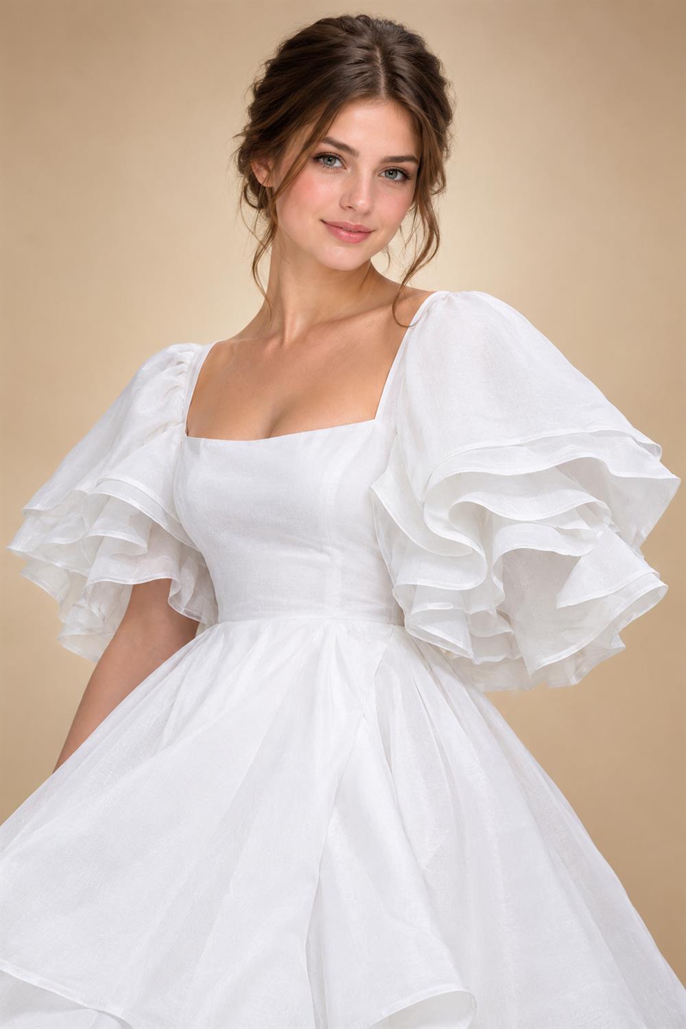 White Ruched Bodice Tiered Voluminous Satin Bridal Gown ZP210