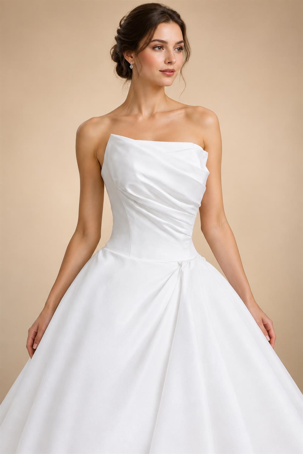 White Ruched Bodice Tiered Voluminous Satin Bridal Gown ZP210