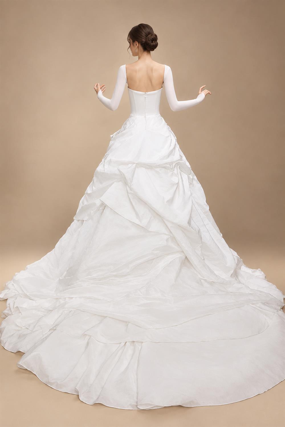 White Ruched Bodice Tiered Voluminous Satin Bridal Gown ZP210