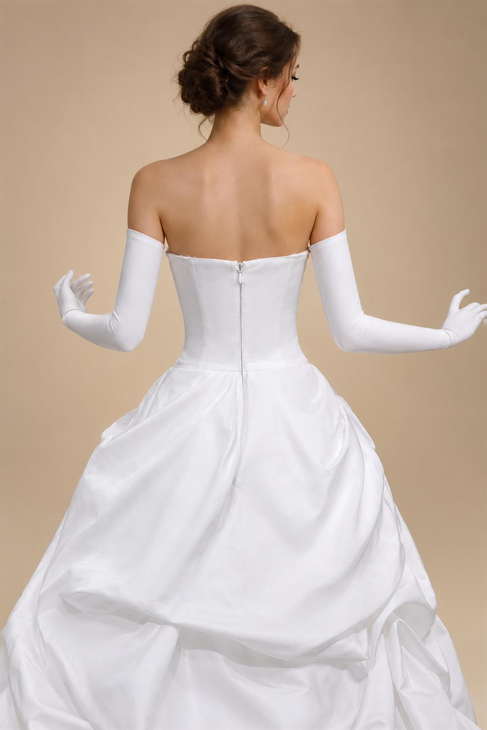 White Ruched Bodice Tiered Voluminous Satin Bridal Gown ZP210