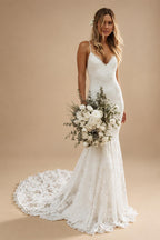 Boho Mermaid V-Neck Spaghetti Straps Wedding Dress with Court Train & Lace Backless | ZapDress