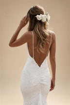 Boho Mermaid V-Neck Spaghetti Straps Wedding Dress with Court Train & Lace Backless | ZapDress