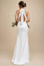 Beach Boho Wedding Dresses Sweep Train Mermaid Halter Sleeveless Stretch Fabric with Solid Color