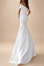 Beach Simple Mermaid / Trumpet Off Shoulder Cap Sleeve Court Train Satin Wedding Dresses Bridal Gowns