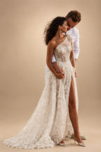 Beach Sexy Boho Wedding Dresses A-Line One Shoulder Long Sleeve Sweep / Brush Train Lace Bridal Gowns With Split Front