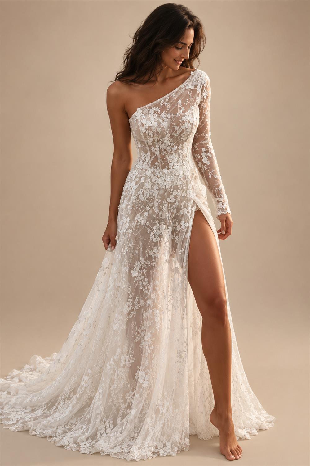 Beach Sexy Boho Wedding Dresses A-Line One Shoulder Long Sleeve Sweep / Brush Train Lace Bridal Gowns With Split Front