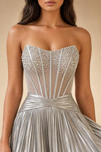 Sparkly Beading Illusion Bodice Mini A-Line Pleated Hoco Dress in Silver
