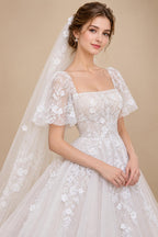 Two-Layer Wedding Veil with Appliques and Flowers Unique Long Bridal Veils with Comb AX
