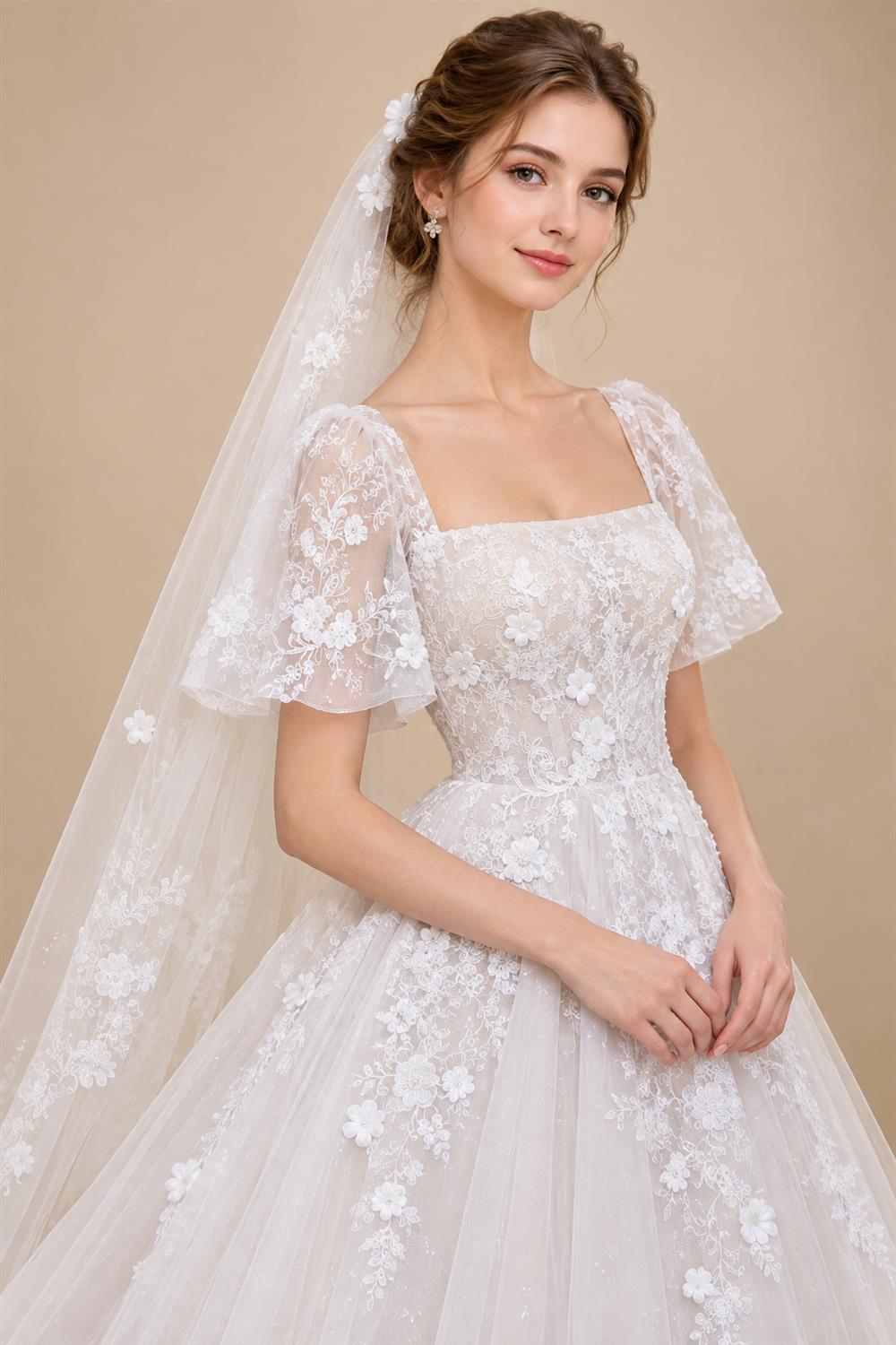 Two-Layer Wedding Veil with Appliques and Flowers Unique Long Bridal Veils with Comb AX