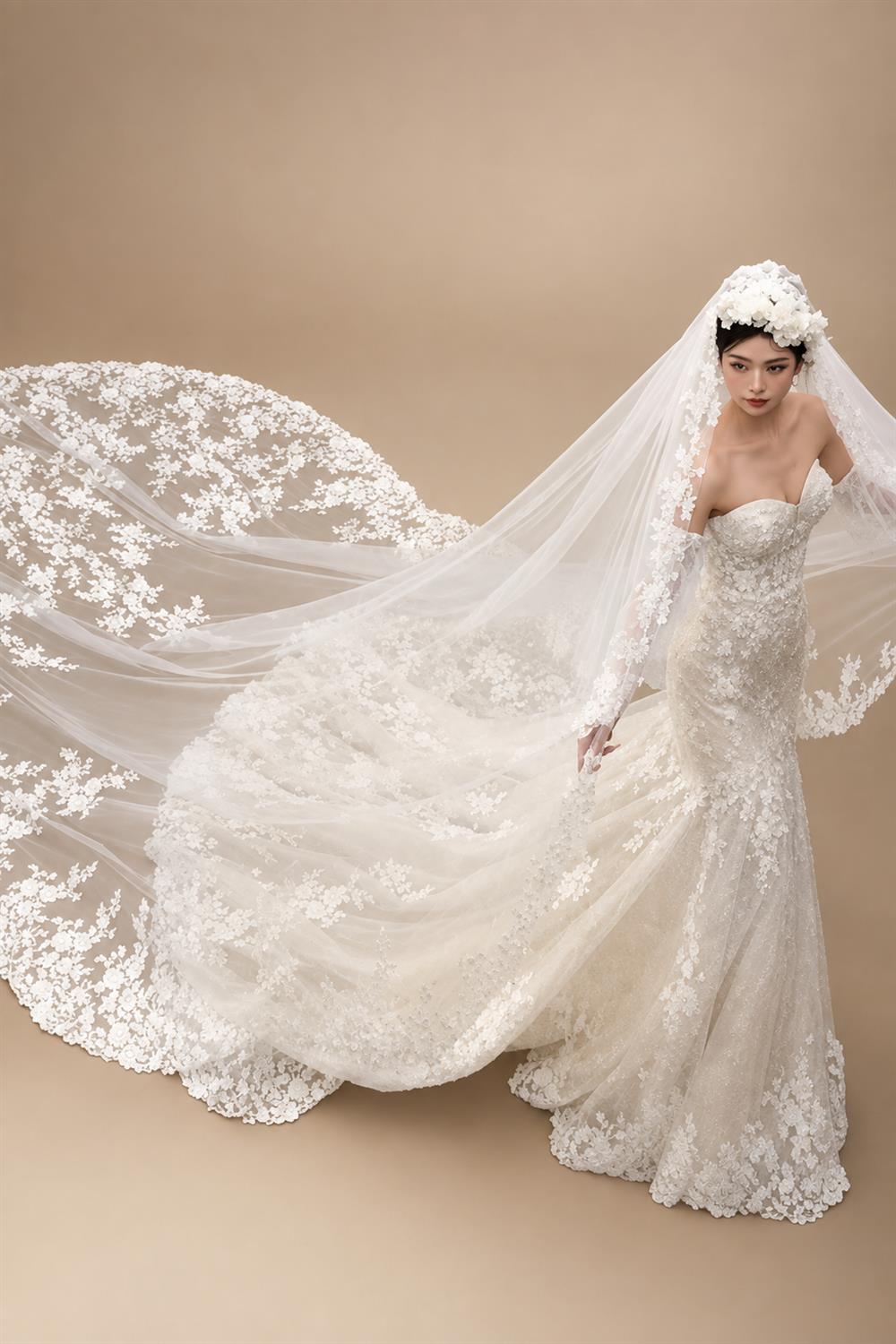 Long Wedding Veil Lace Appliques Cathedral Veil One-Layer Wedding Veils With Comb Customized