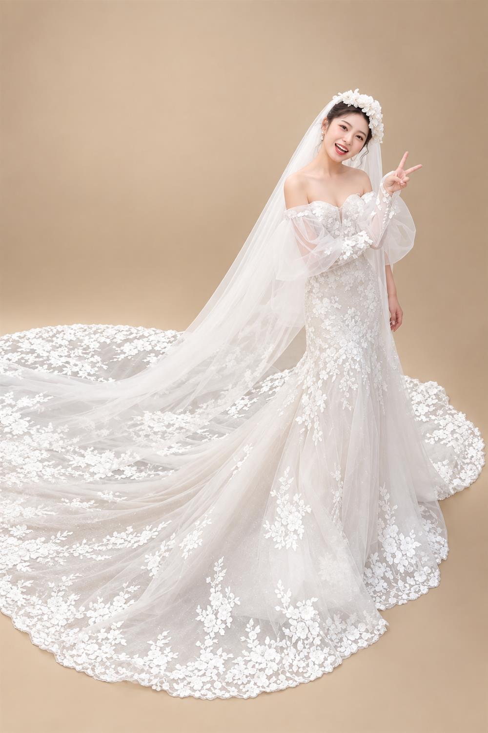 Long Wedding Veil Lace Appliques Cathedral Veil One-Layer Wedding Veils With Comb Customized