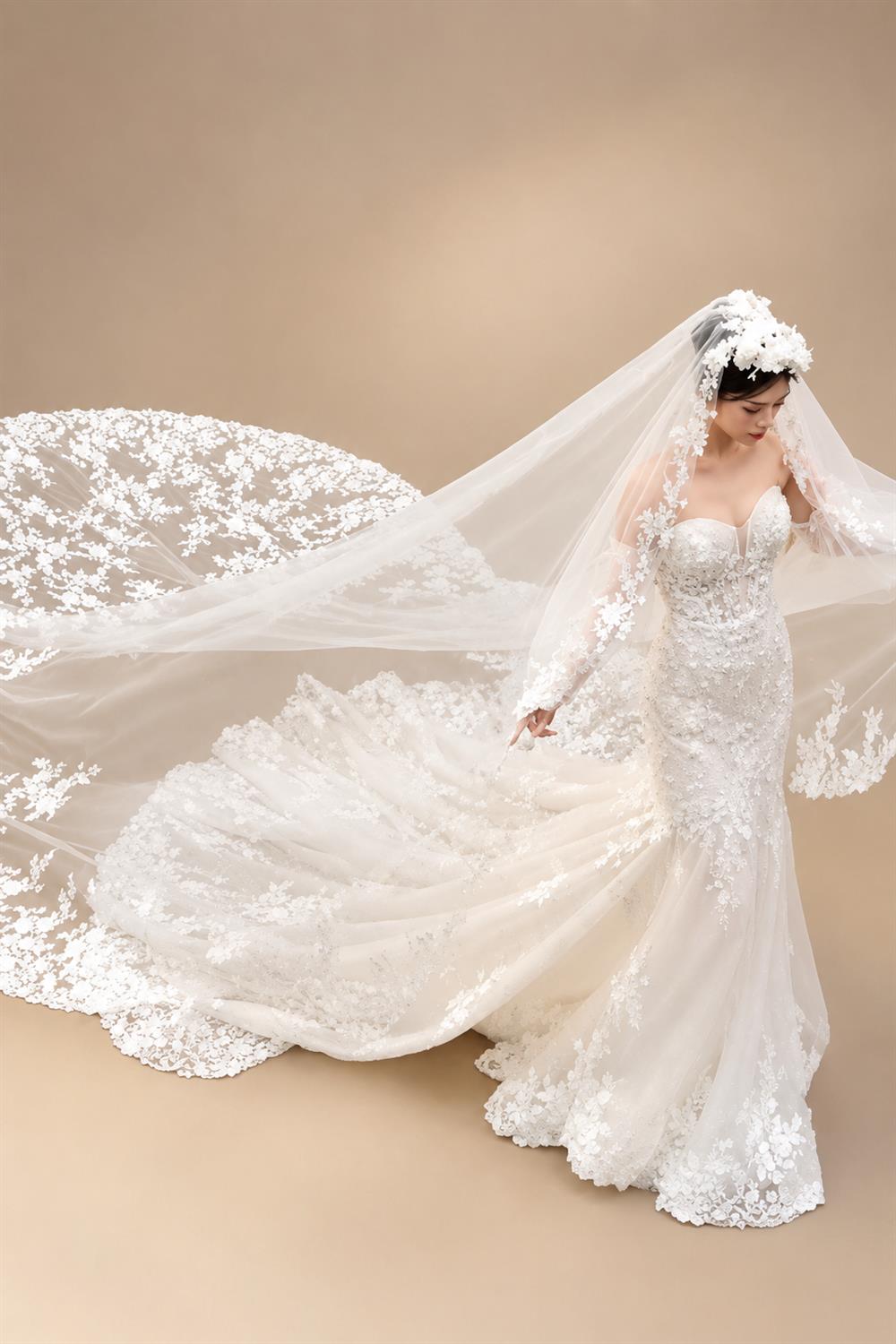 Long Wedding Veil Lace Appliques Cathedral Veil One-Layer Wedding Veils With Comb Customized