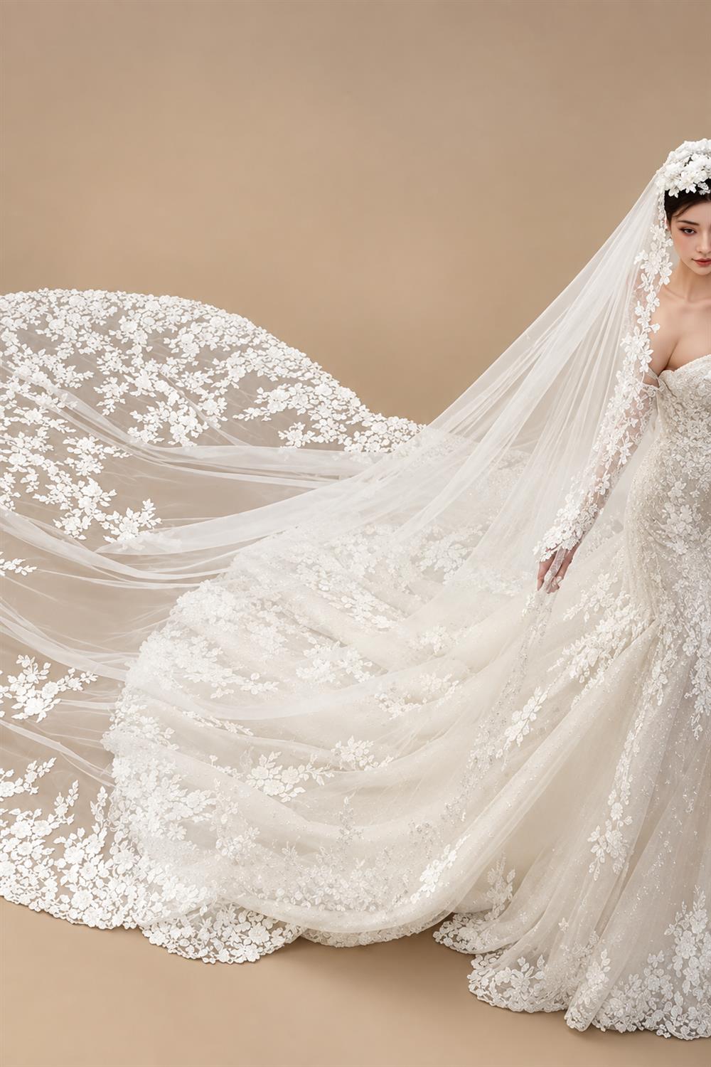 Long Wedding Veil Lace Appliques Cathedral Veil One-Layer Wedding Veils With Comb Customized