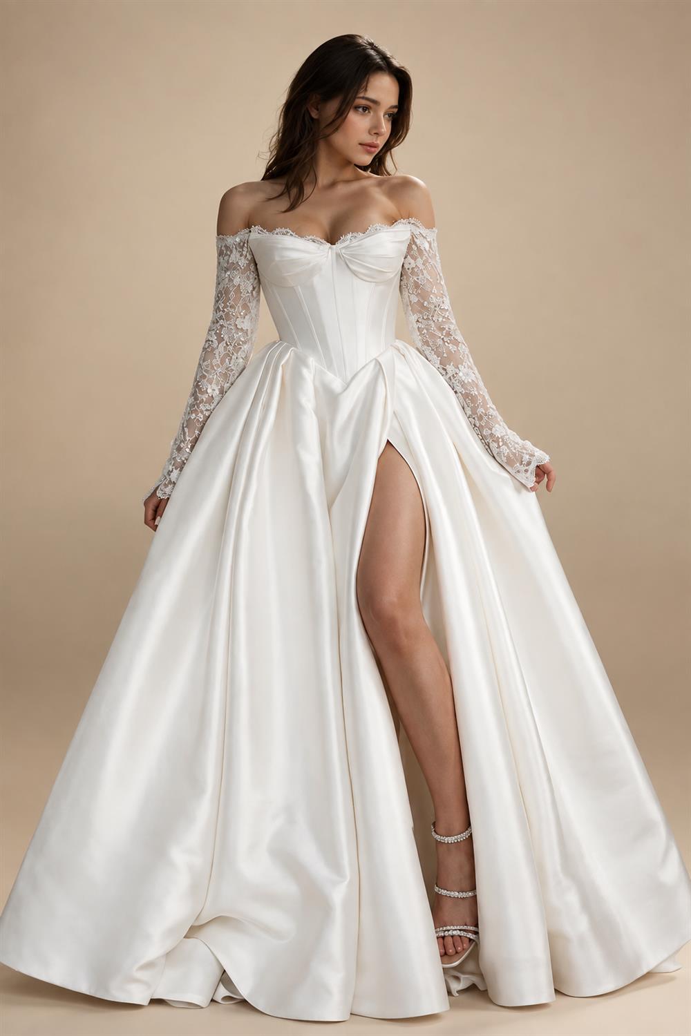 Lace Wedding Dress A Line Side Slit Customized