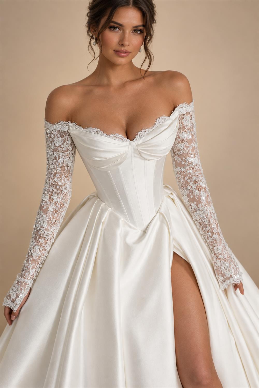 Lace Wedding Dress A Line Side Slit Customized