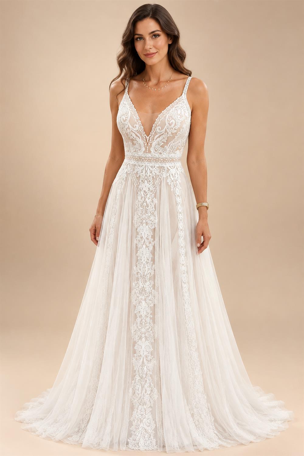 Custom Summer Boho A Line Wedding Dress With Lace V Neck