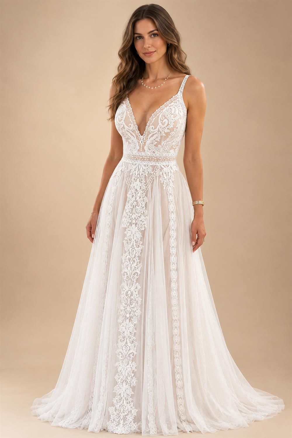 Custom Summer Boho A Line Wedding Dress With Lace V Neck