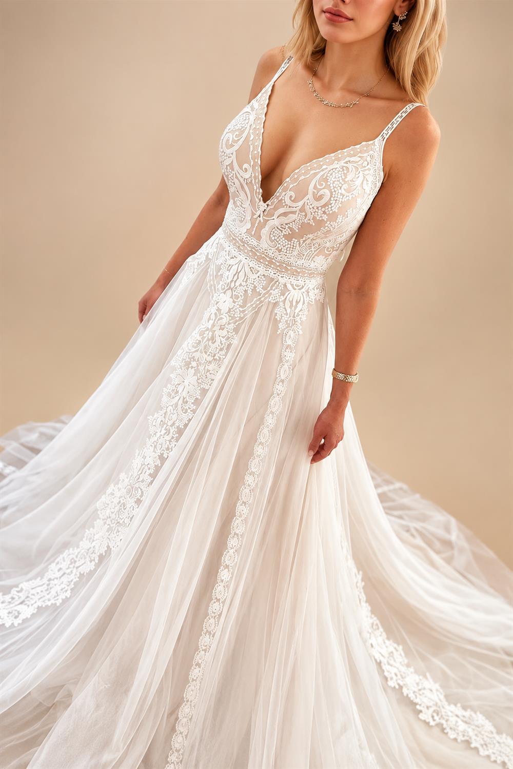 Custom Summer Boho A Line Wedding Dress With Lace V Neck