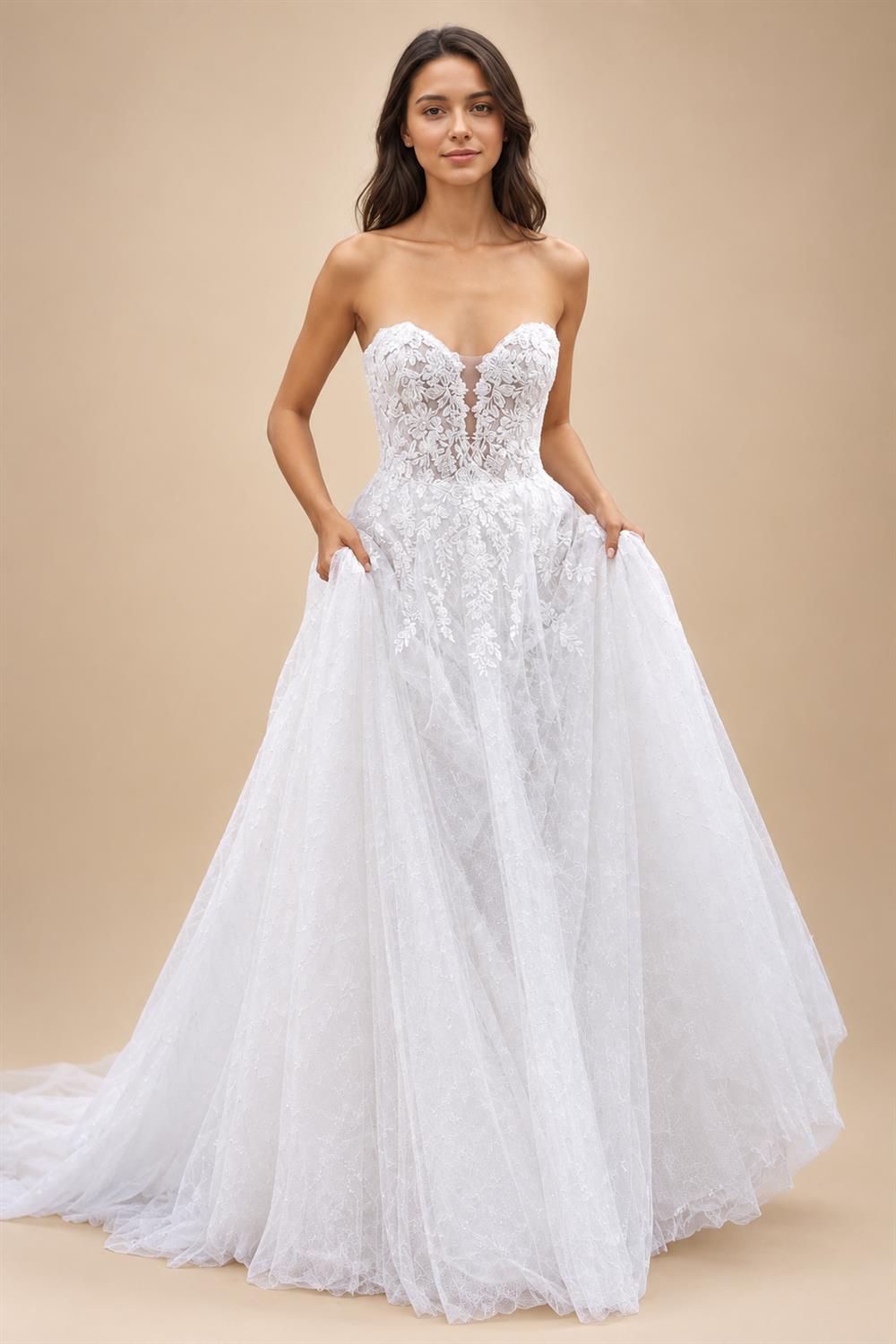 Floral Lace A Line Strapless Custom Wedding Dress