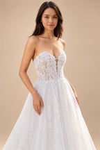 Floral Lace A Line Strapless Custom Wedding Dress